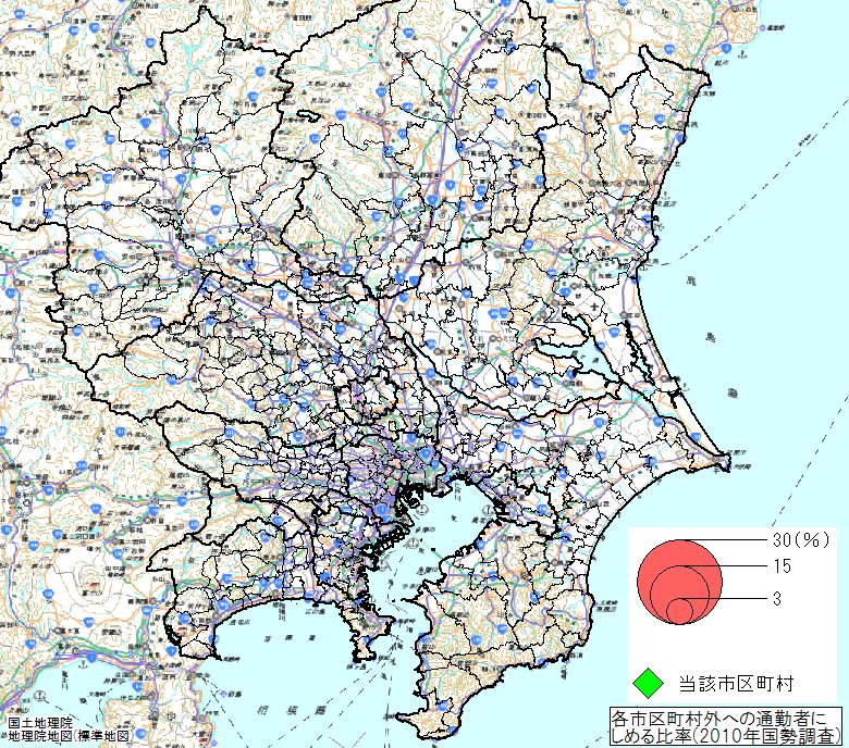 関東地方各市区町村からの通勤先分布図 10年 ぱらぱら地図 谷謙二研究室 埼玉大学教育学部人文地理学